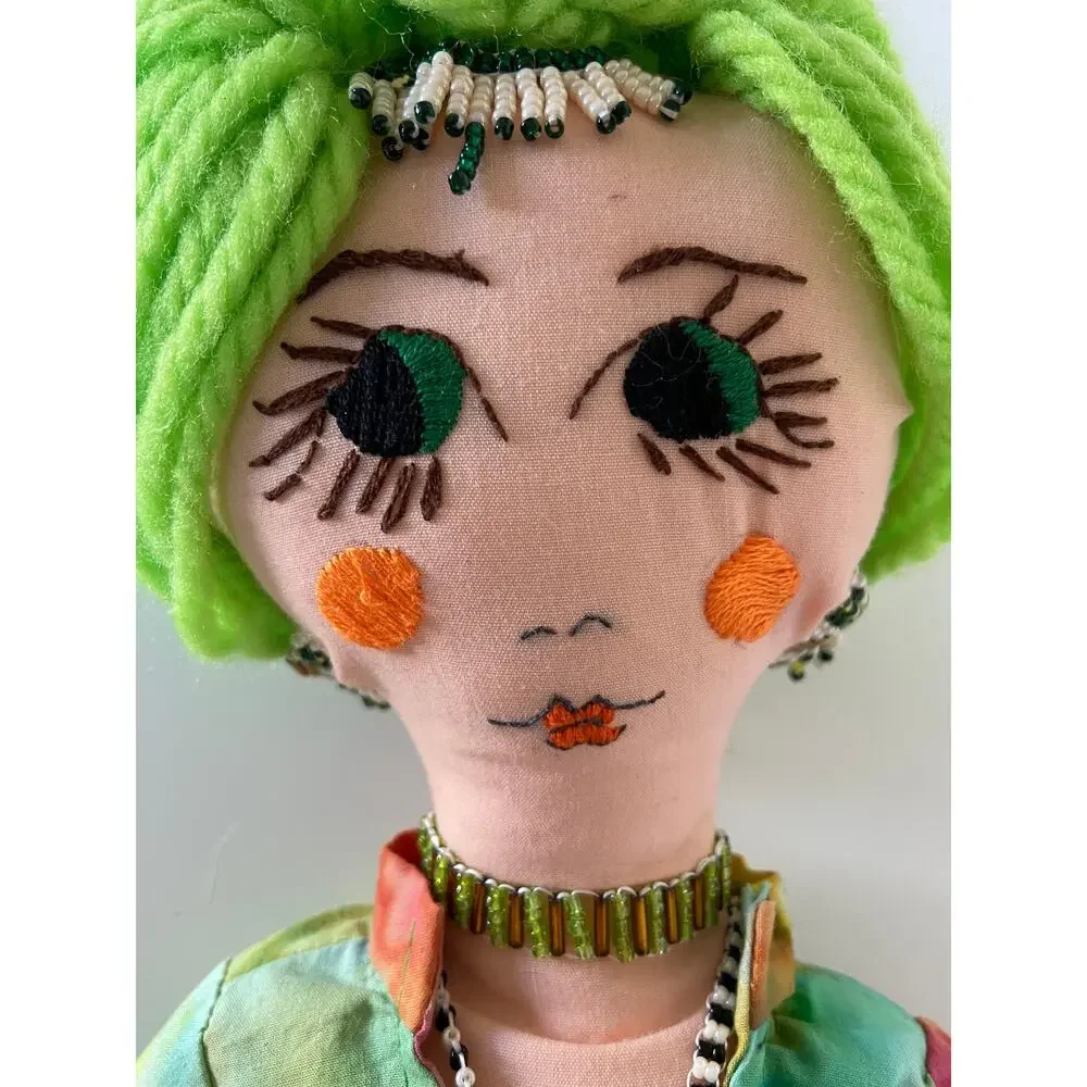 Handmade Boho Folk Art Indian Green Yin Yang Embroidered Yarn Hair Cloth Doll
